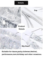 Silver sequin dance top and hip scarf set with shimmering details, ideal for party or festival wear.