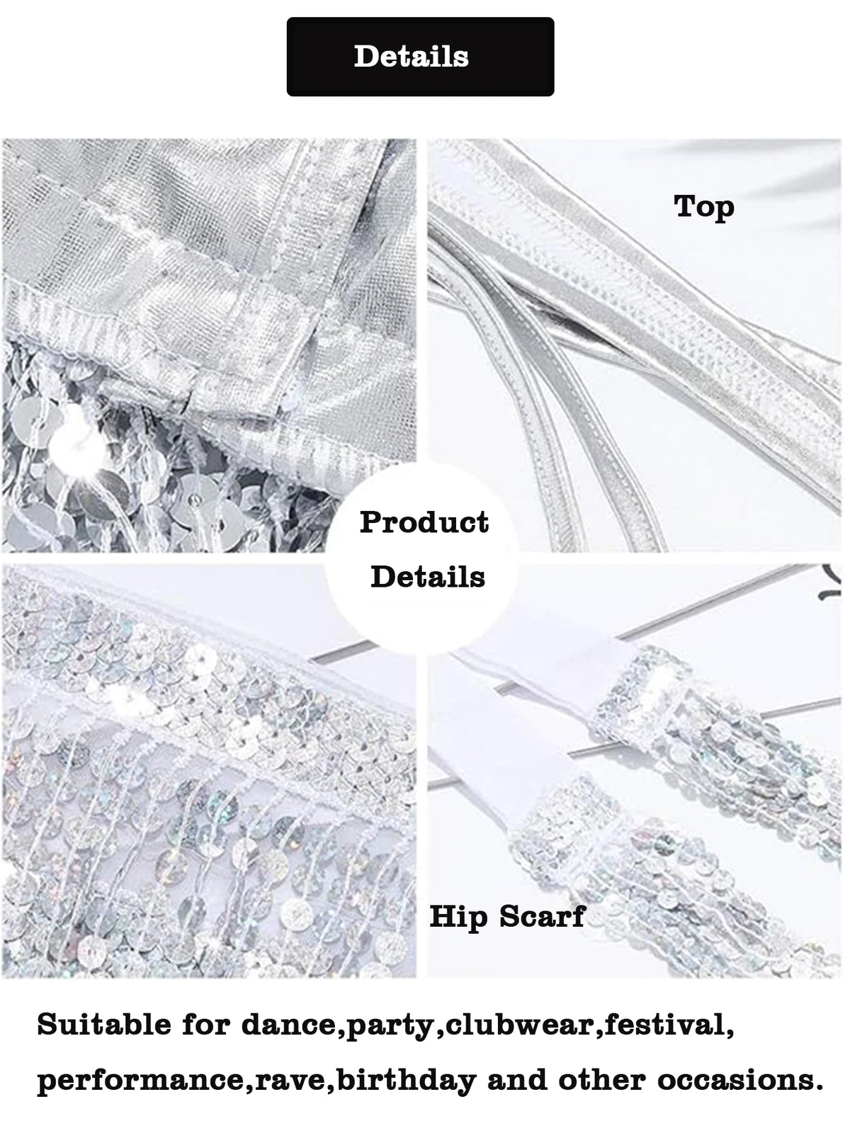 Silver sequin dance top and hip scarf set with shimmering details, ideal for party or festival wear.