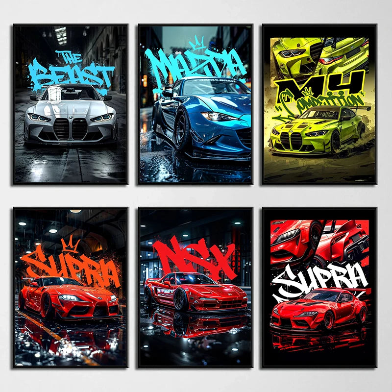 Abstract JDM Sports Car Canvas Wall Art – Blue Miata Supra E36 Print for Home Decor