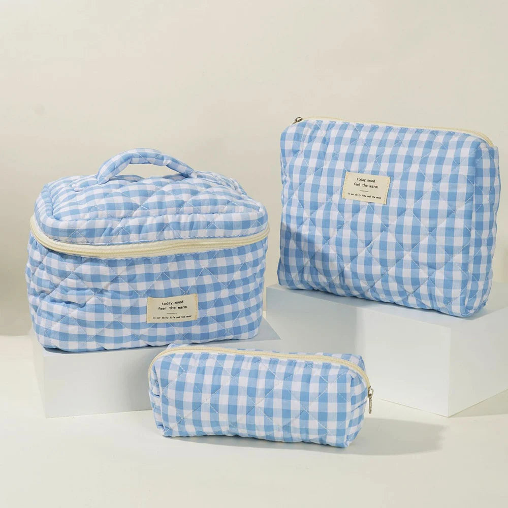 Large Checkered Cotton Cosmetic Bag – Plaid Travel Toiletry Organizer for Women