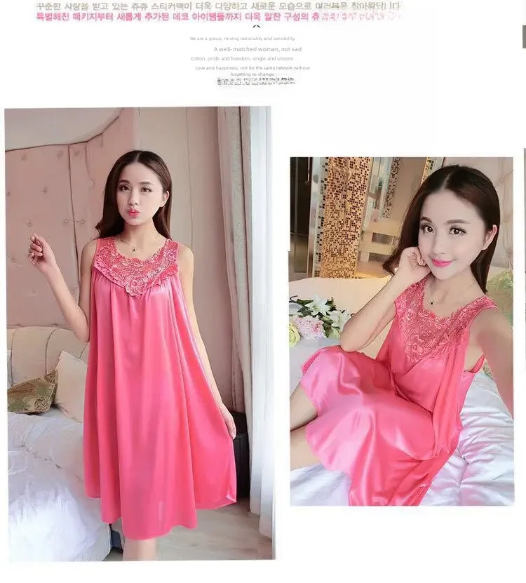 Ice Silk Sleep Dress – Plus Size Women's Tank Nightgown for Summer Housewear