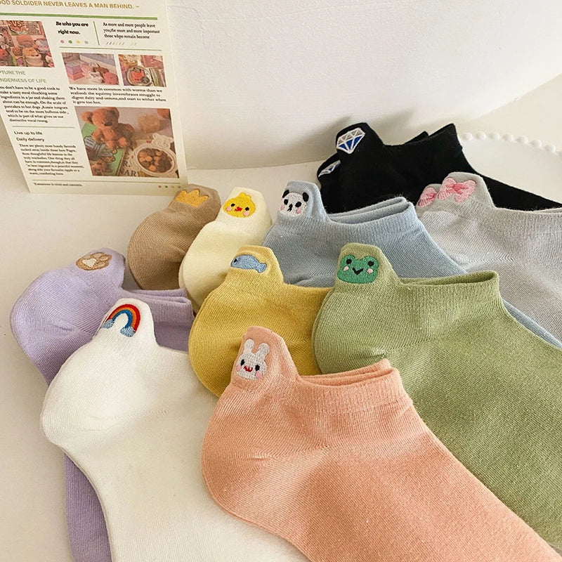 Embroidered Cotton Animal Socks – Breathable Casual Footwear for Women