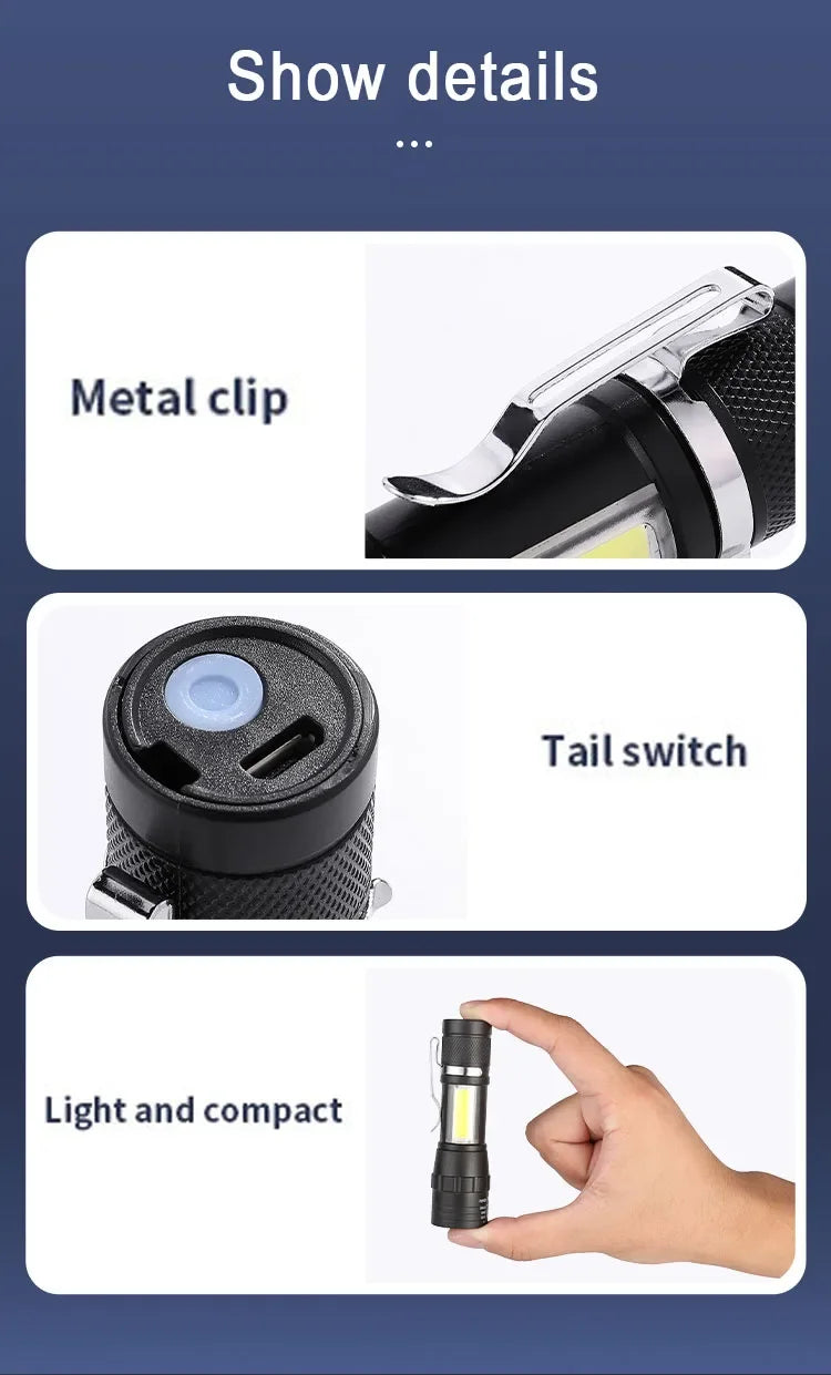 USB Rechargeable Mini Flashlight – Zoomable COB Torch for Camping and Emergency