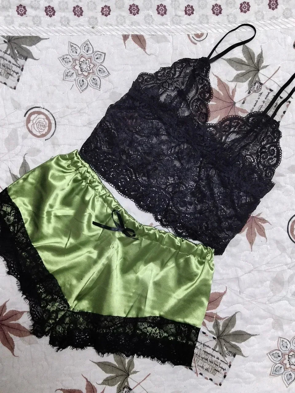 Lace Silk Pajama Set – Sexy Crop Top and Shorts for Women Sleepwear