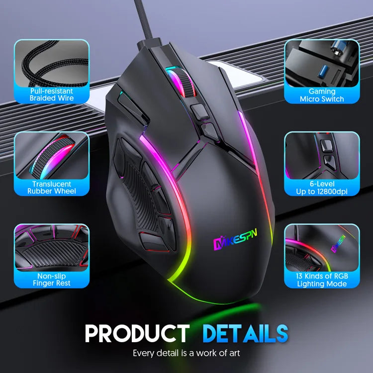 RGB Gaming Mouse – 12800 DPI Programmable 12-Button Ergonomic Controller for PC