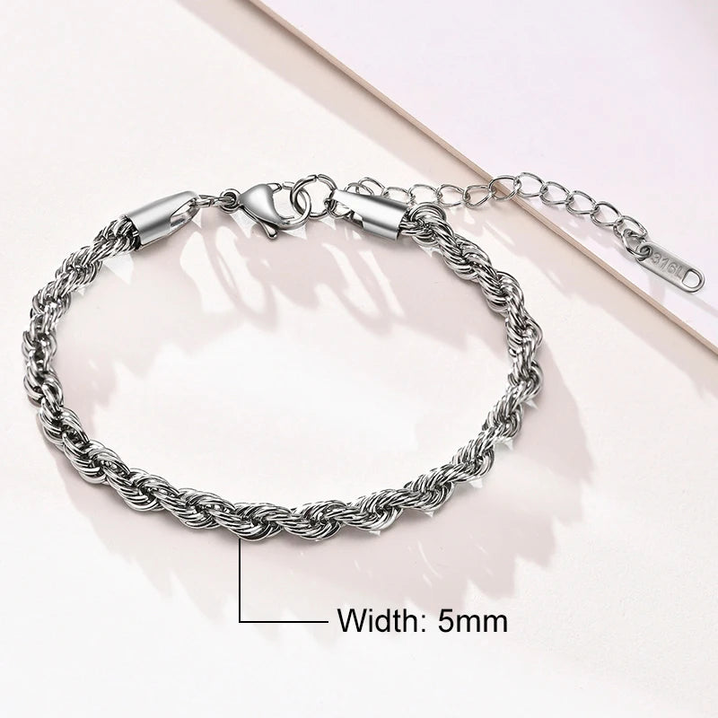 Stainless Steel Rope Chain Bracelet – Unisex Twisted Link Jewelry for Gift