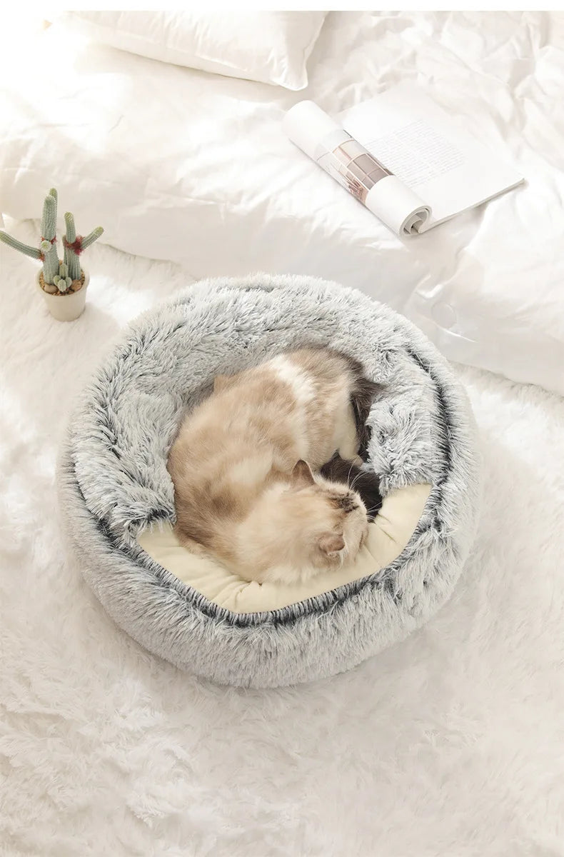 Semi-Enclosed Plush Pet Bed – Warm Winter Shell Nest for Cats and Small Dogs