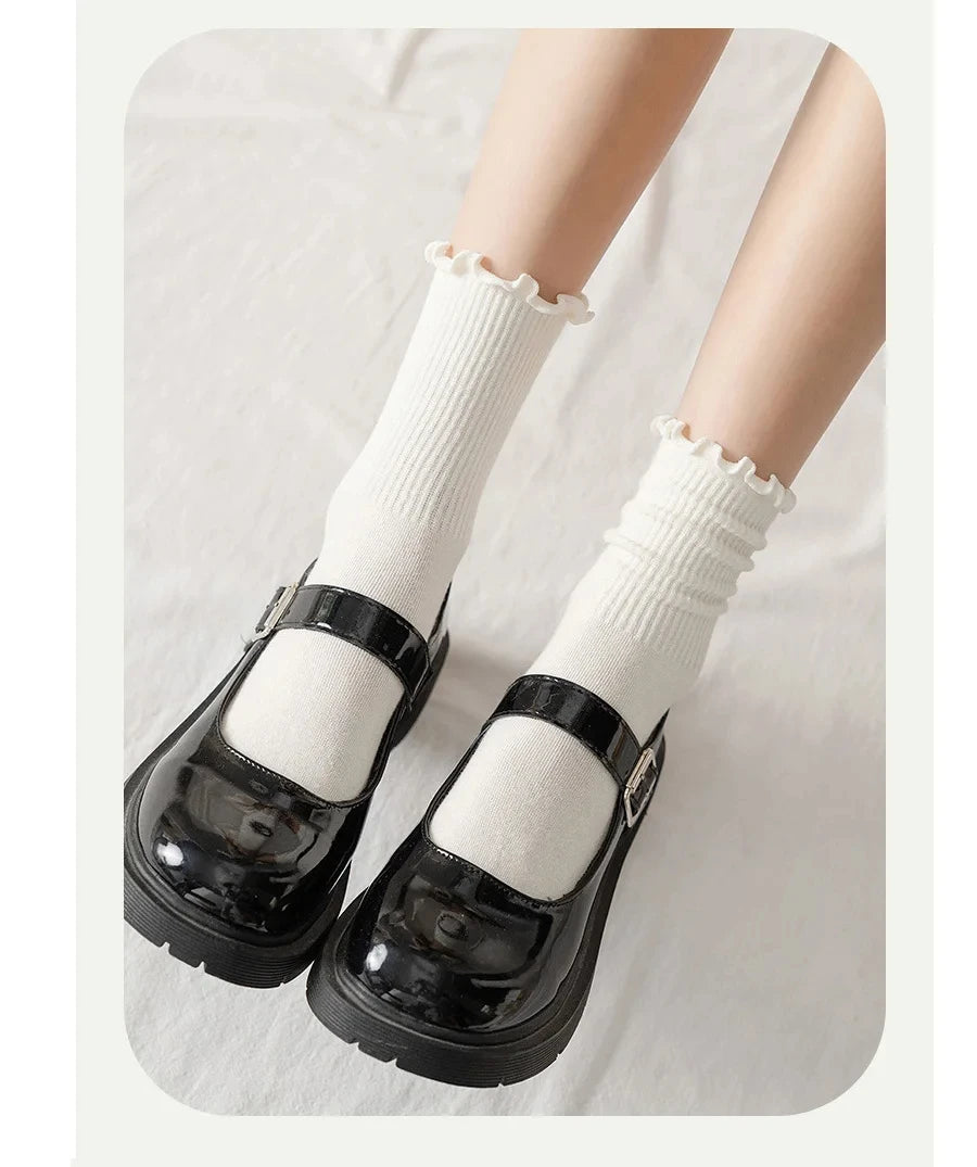 Ruffled Mid-Tube Socks – Breathable Cotton Casual Wear for Women