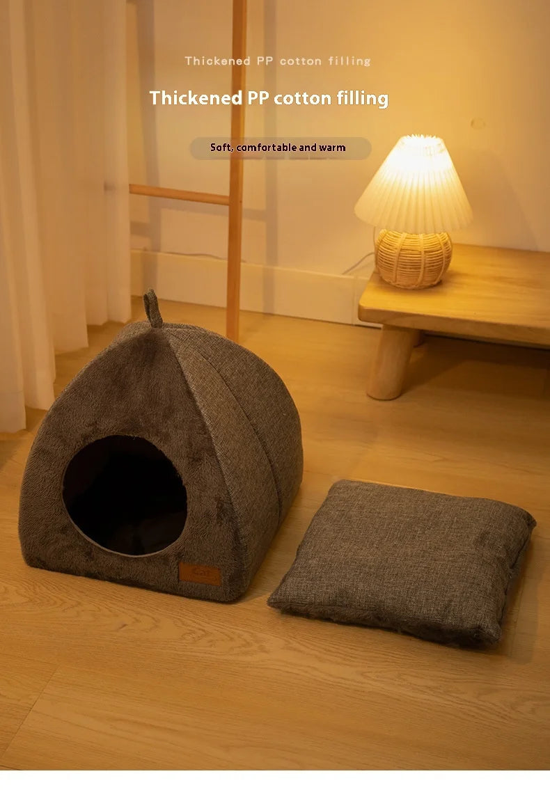 Enclosed Triangle Cat Bed – Warm Plush House for Indoor Winter Sleep