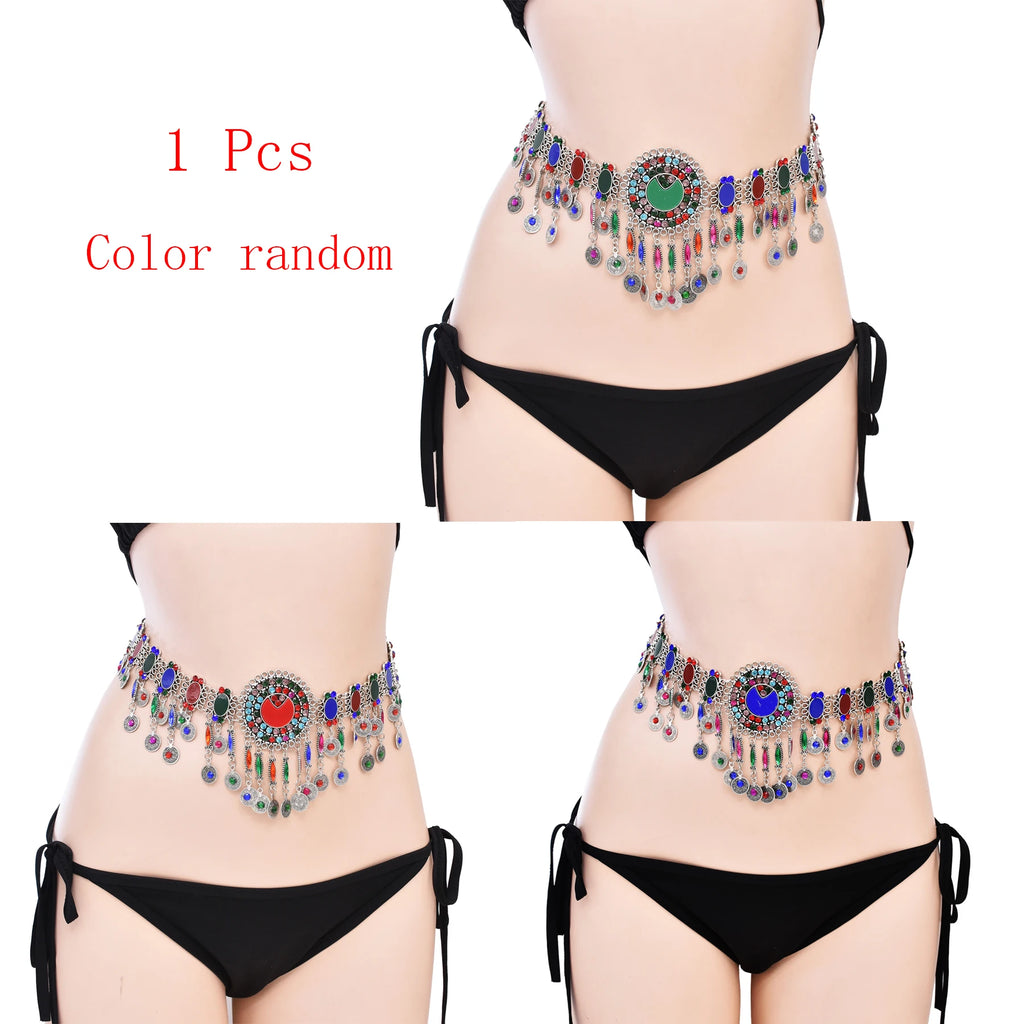 Colorful belly dance hip scarf belt with dangling coins on a woman wearing black bikini bottom