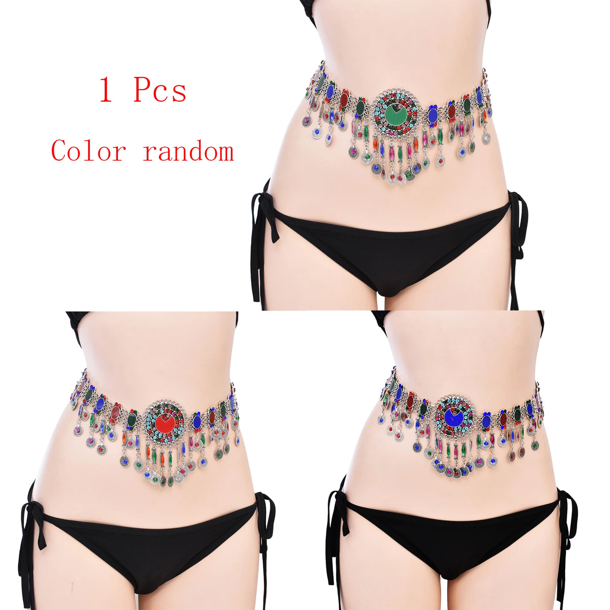 Colorful belly dance hip scarf belt with dangling coins on a woman wearing black bikini bottom