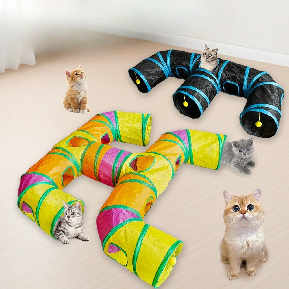 Foldable Rainbow Pet Tunnel – Multi-Exit Interactive Toy for Active Cats