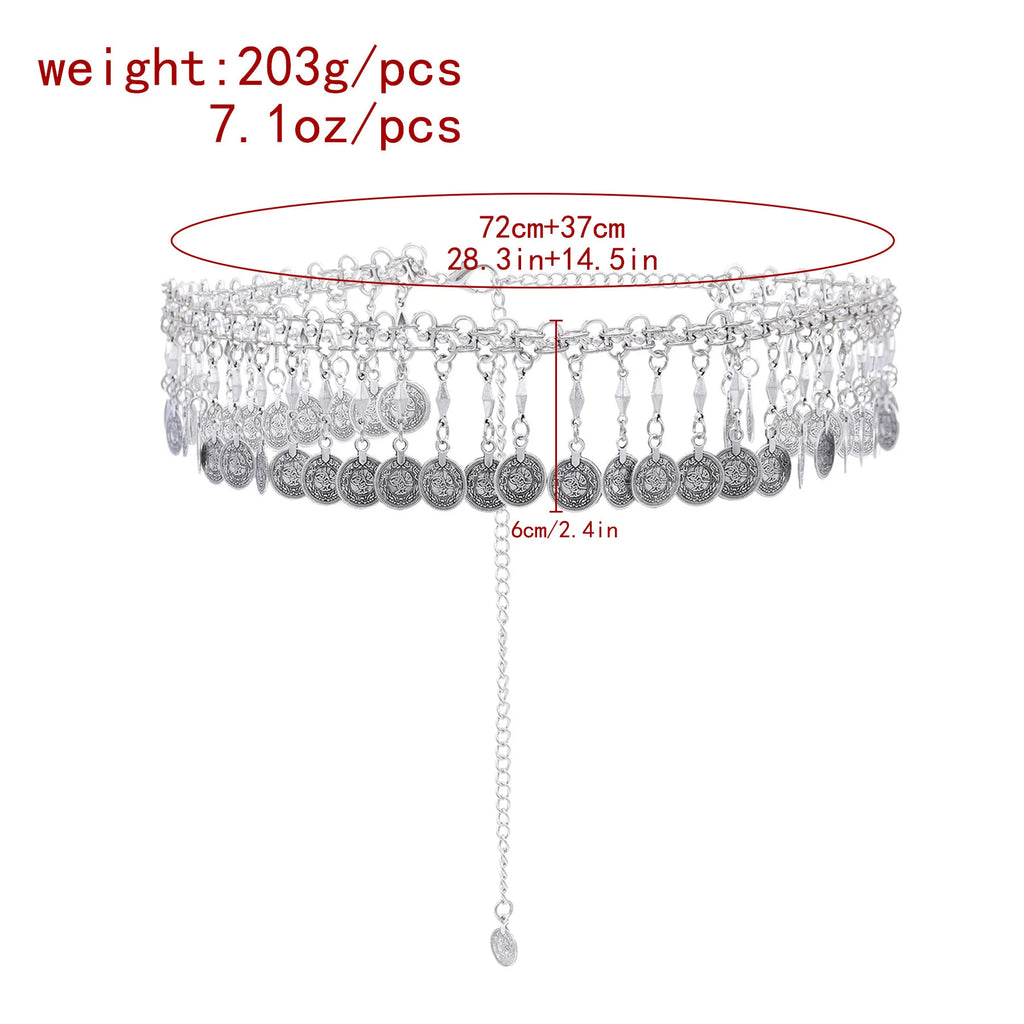 Silver coin belly dance hip scarf belt with charms, adjustable chain, dimensions labeled