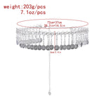 Silver coin belly dance hip scarf belt with charms, adjustable chain, dimensions labeled