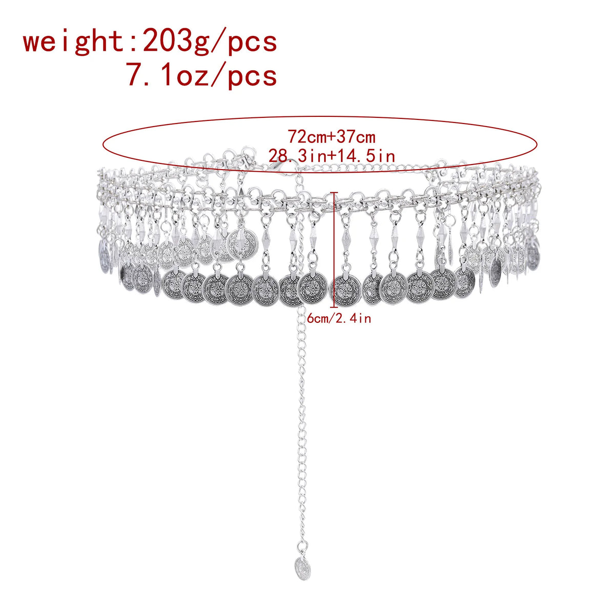Silver coin belly dance hip scarf belt with charms, adjustable chain, dimensions labeled