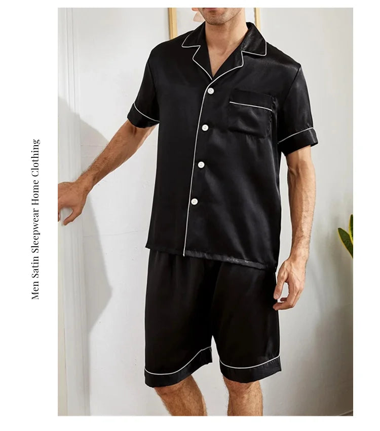 Satin Pajama Set – Short Sleeve Button-Down Sleepwear for Men