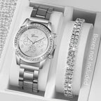 Stainless Steel Quartz Watch – Silver Diamond Bracelet for Women