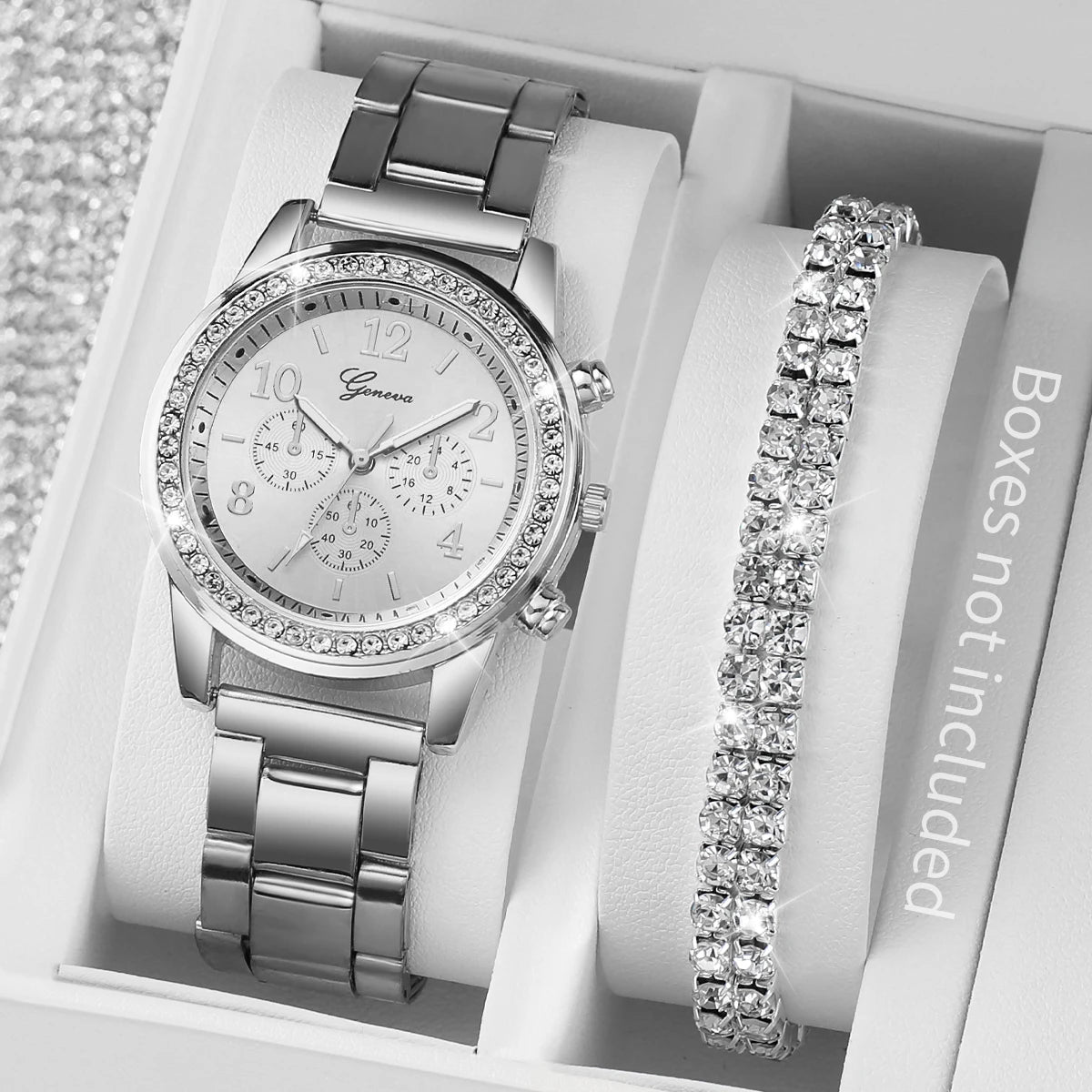 Stainless Steel Quartz Watch – Silver Diamond Bracelet for Women