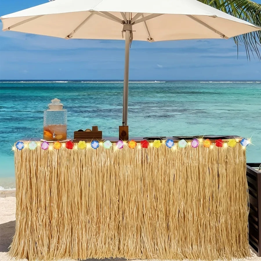 Tropical Hawaiian Table Skirt – Reusable Grass Fringe for Luau Party Decor