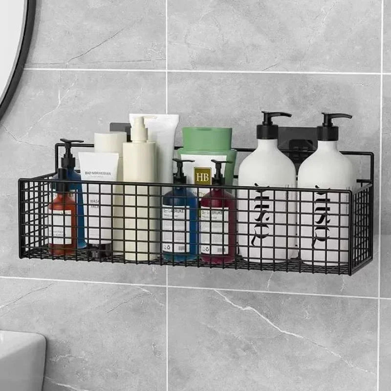 Bilayer Grid Wall Shelf – Adhesive Bathroom Organizer for Shower Storage