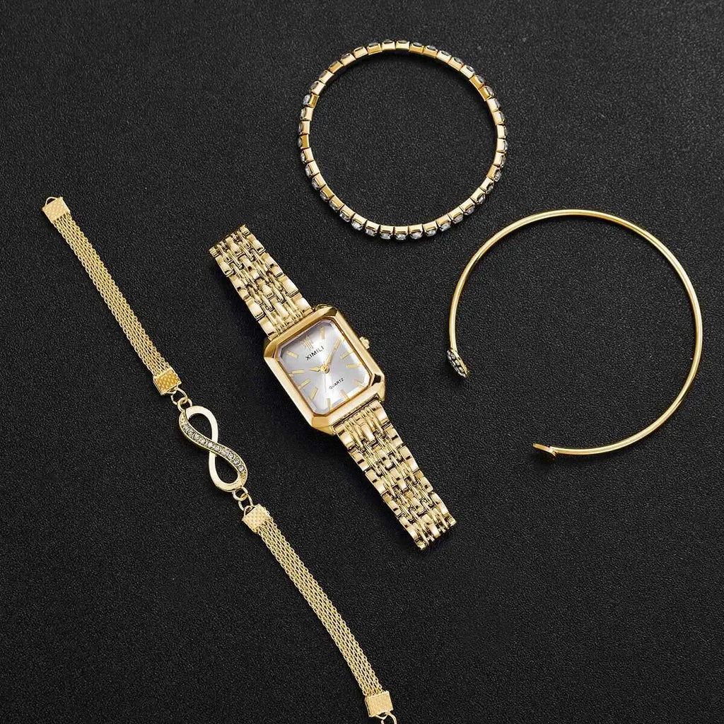 Rhinestone Rectangle Women Watches – Stainless Steel Luxury Quartz Jewelry Set