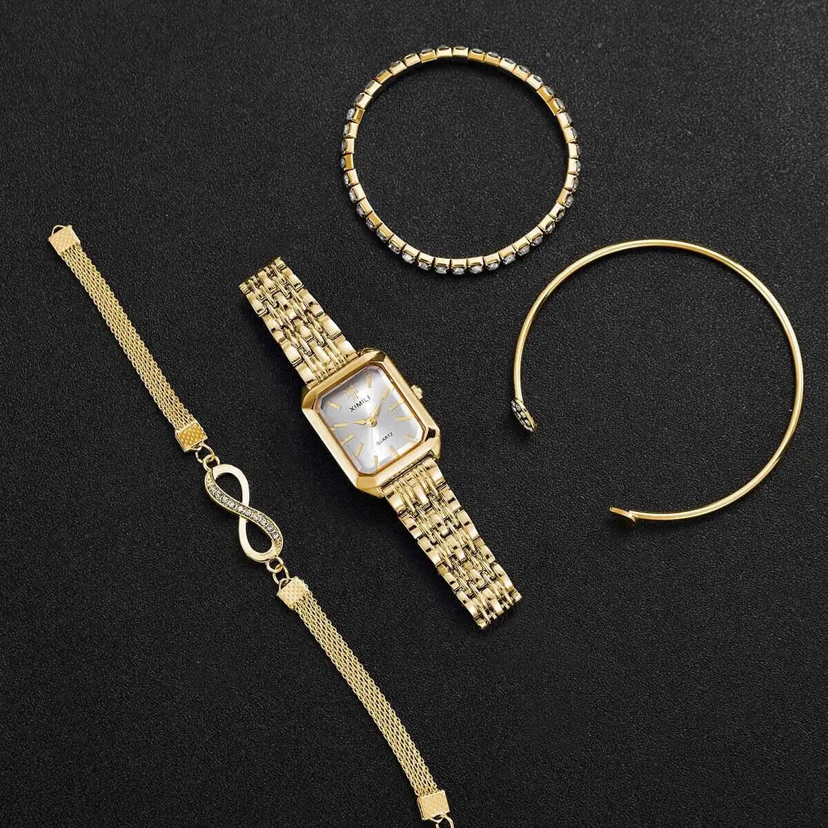Rhinestone Rectangle Women Watches – Stainless Steel Luxury Quartz Jewelry Set
