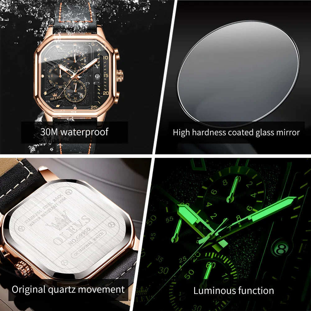 Square Leather Chronograph Watch – Waterproof Quartz Timepiece for Men