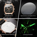 Square Leather Chronograph Watch – Waterproof Quartz Timepiece for Men