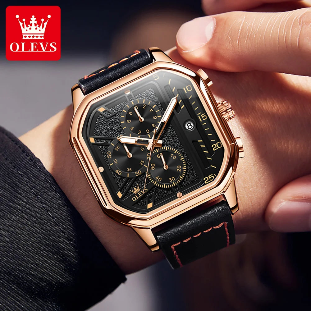 Square Leather Chronograph Watch – Waterproof Quartz Timepiece for Men