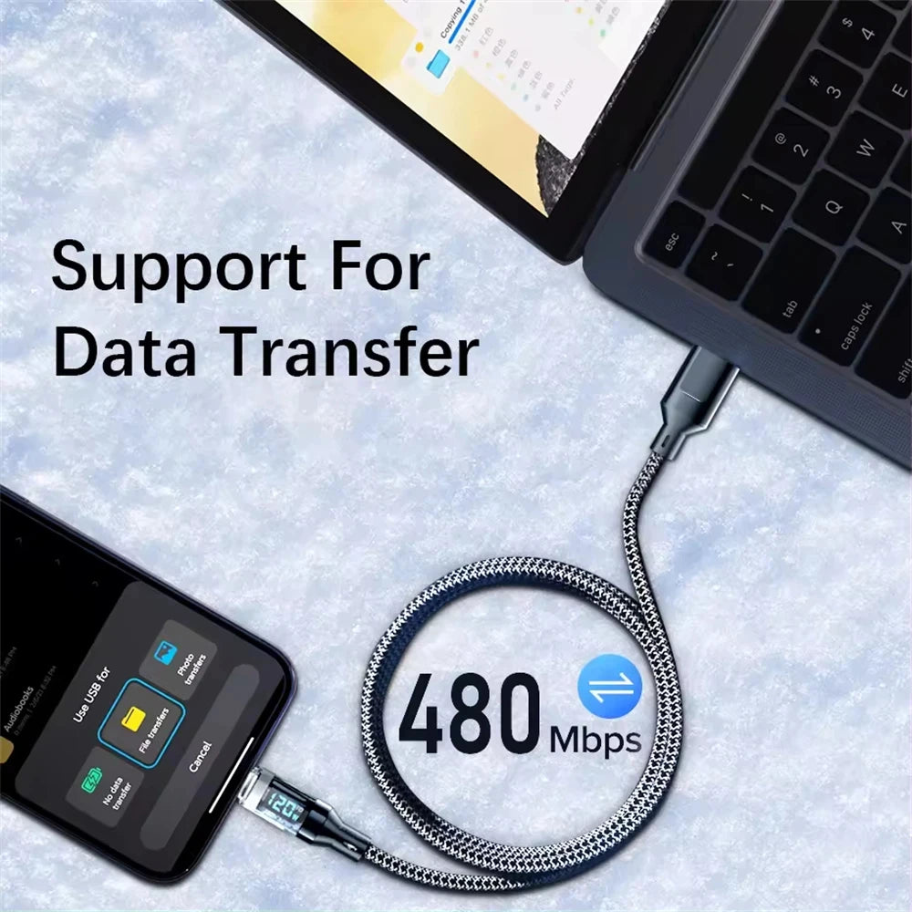 120W Fast Charging Cable – LED Display for USB-C Devices