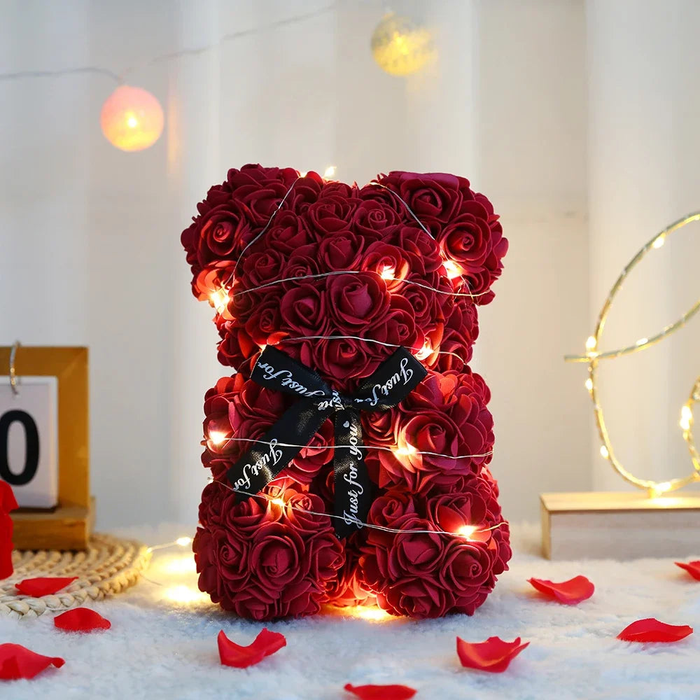Artificial Rose Teddy Bear – 25cm Flower Gift for Valentines Anniversary