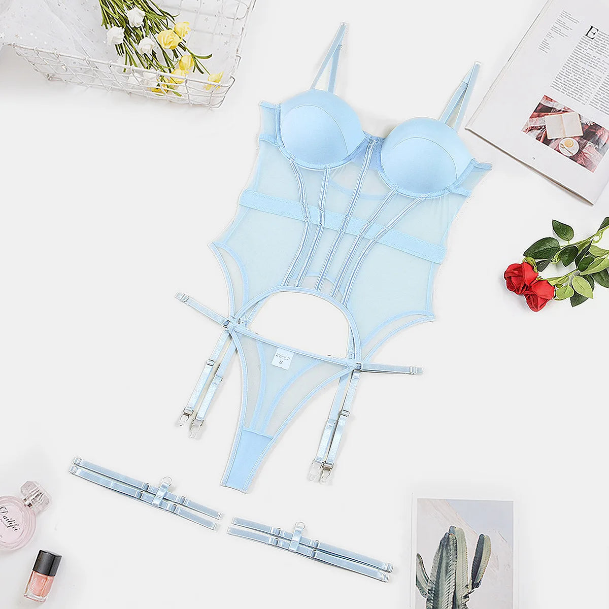 Mesh Lingerie Bodysuit Set – Backless Lace 3 Piece Lingerie for Women