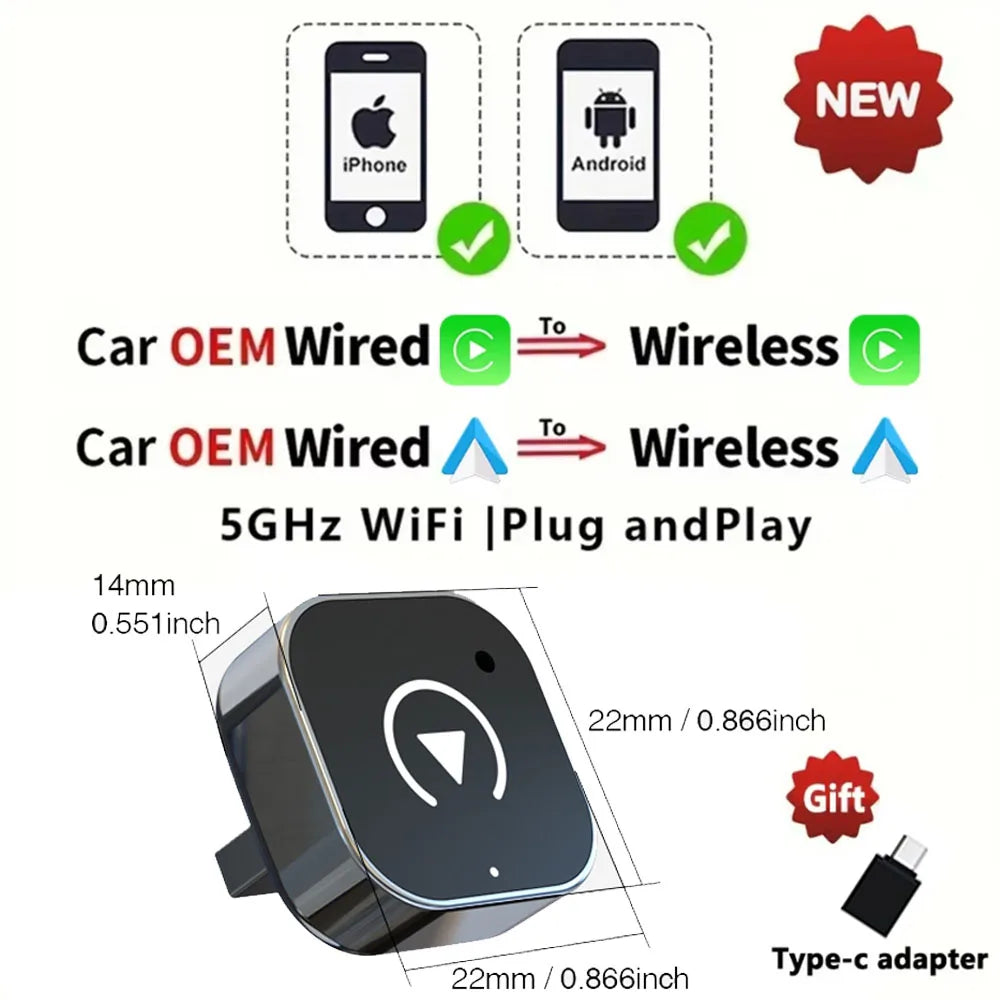 Wireless CarPlay Adapter – 2-in-1 USB Dongle for Apple iPhone and Android Auto