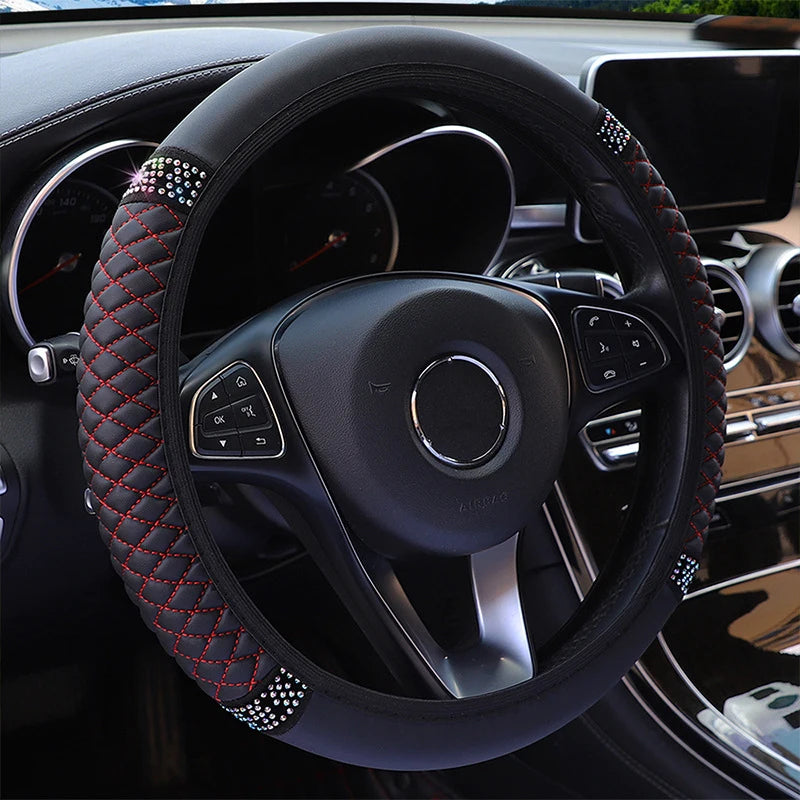 Embroidered Diamond Steering Wheel Cover – Universal Leather for Car Interior