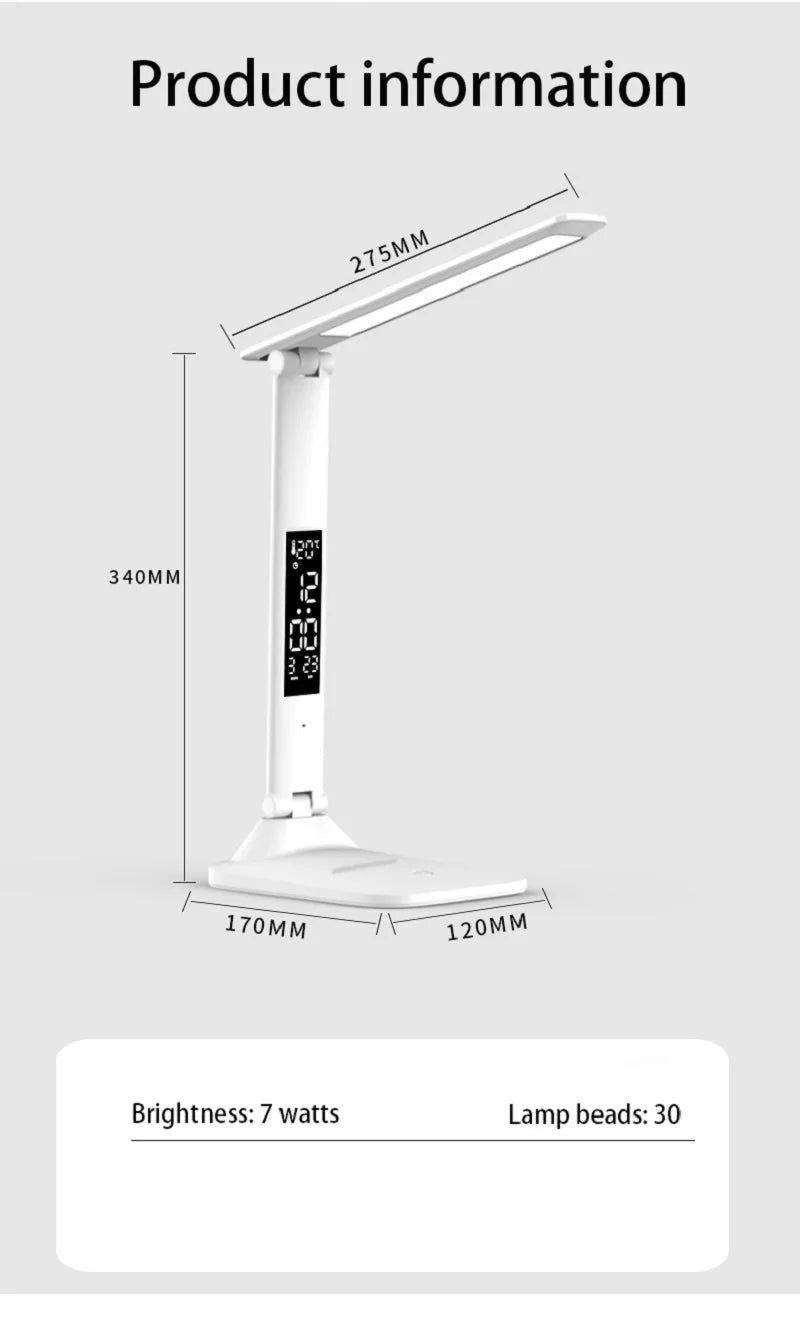 LED Desk Lamp – Rechargeable Touch Light with Alarm and Thermometer for Study