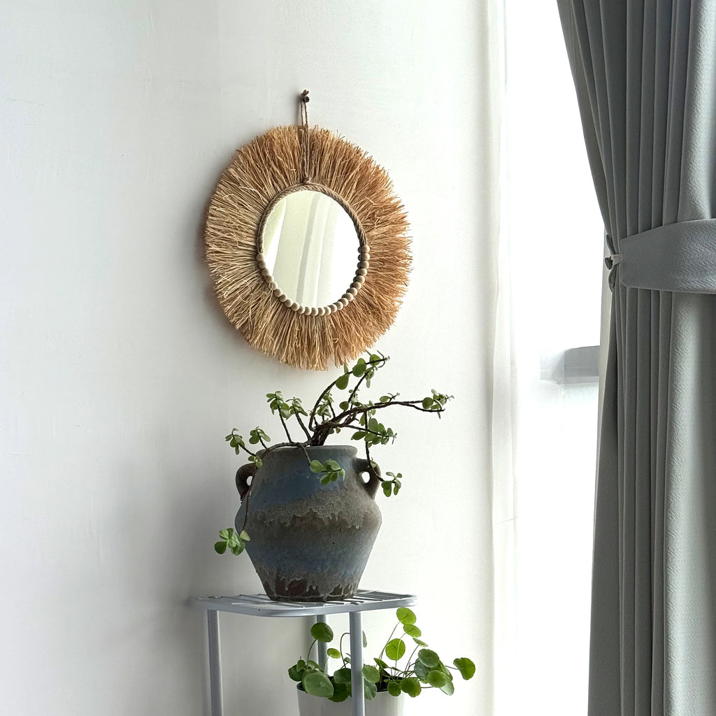 Raffia Wall Mirror – Boho Wood Bead Decor for Farmhouse Nursery