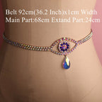 Rhinestone belt with eye-shaped crystal centerpiece and hanging teardrop gem on mannequin waist