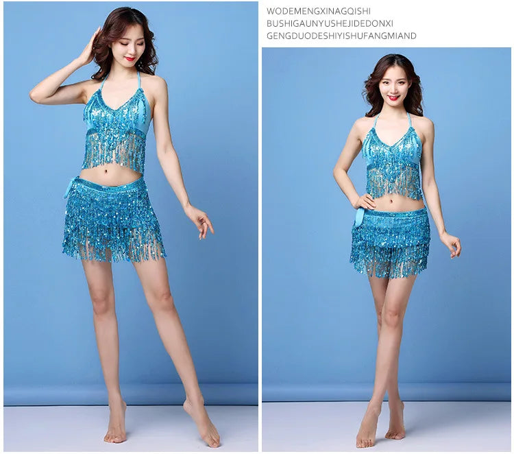 Woman modeling blue sequin fringe halter crop top and skirt dance costume on blue background