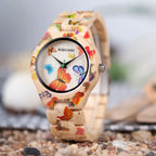 BOBO BIRD Wooden Women's Watch – Floral Engraved Handmade Quartz Wristwatch