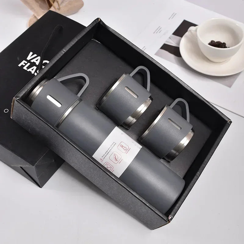 Gray vacuum flask and two matching cups gift set in a black box for outdoor use