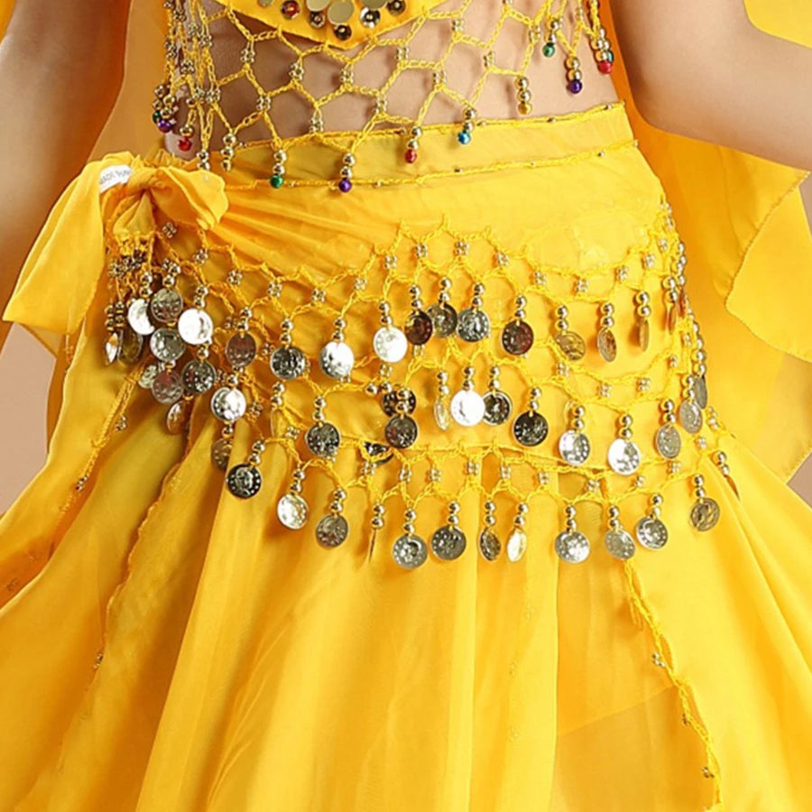 Yellow belly dance costume with metallic coin accents and mesh bead detailing