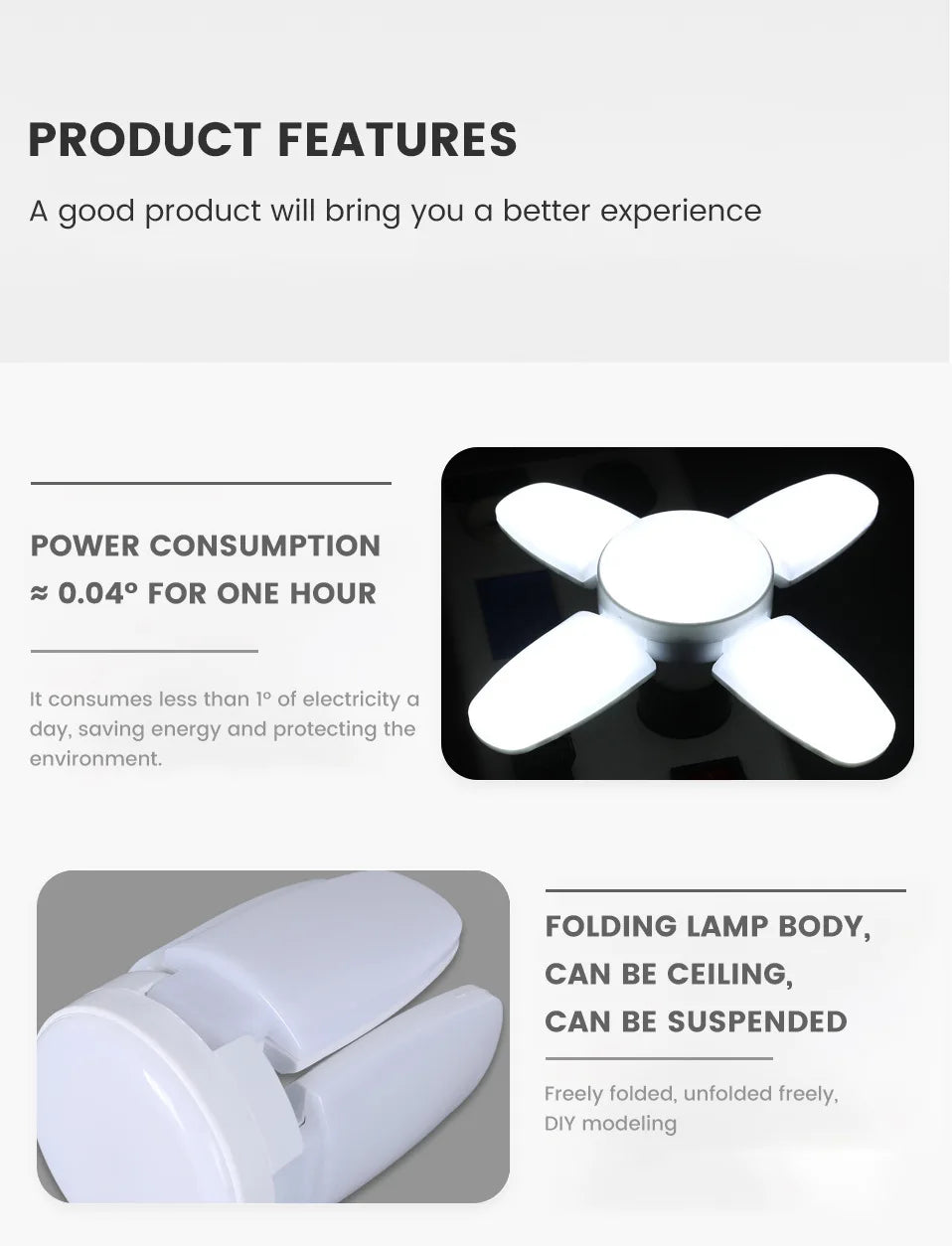 Foldable LED Fan Bulb – Adjustable 28W Ceiling Light for Garage and Warehouse