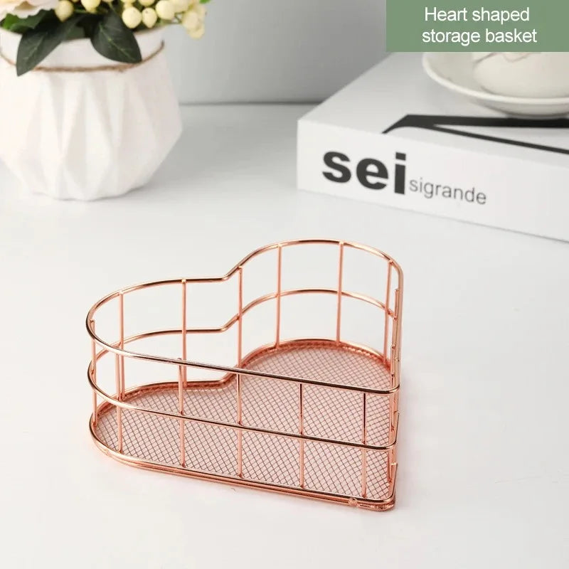 Gold Iron Storage Basket – Geometric Desktop Organizer for Makeup Brushes