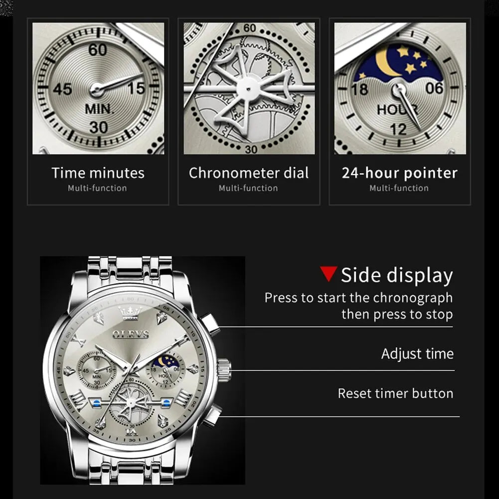 Quartz Chronograph Watch – Moon Phase Luminous Wristwatch for Men