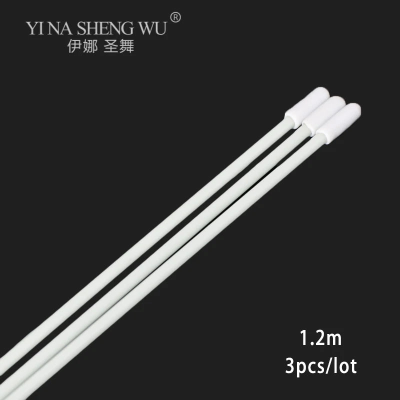 Set of three white baton sticks with white caps, 1.2m length, on black background