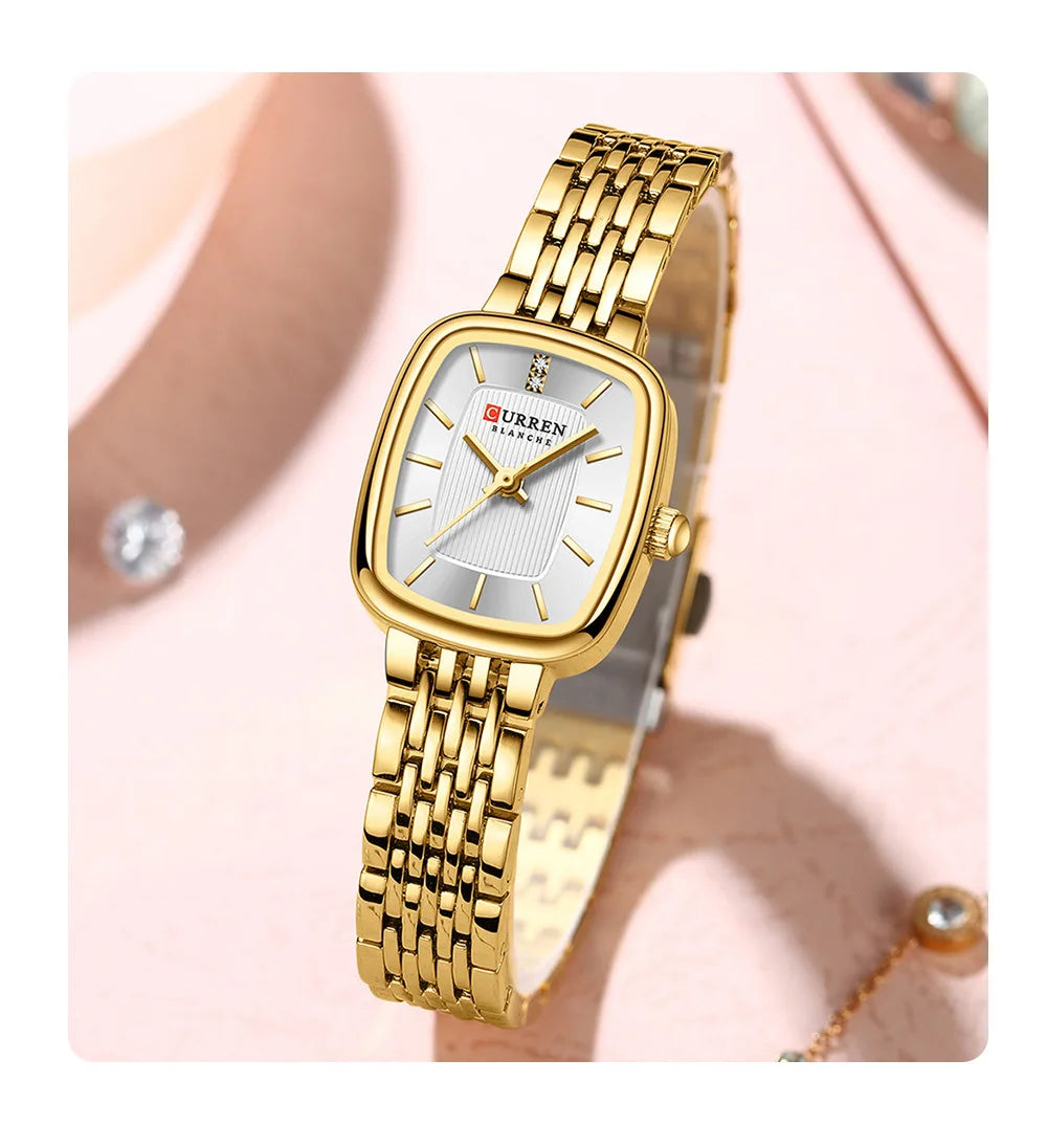 Gold Stainless Steel Quartz Watch – Elegant Square Dial for Business Fashion
