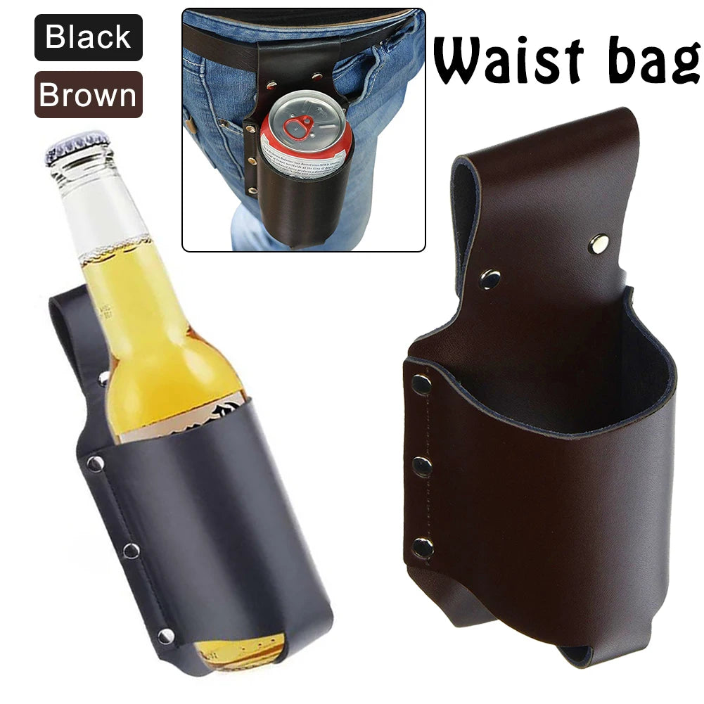 Vintage Leather Belt Bag – Adjustable Bottle Holster for Hiking and Camping