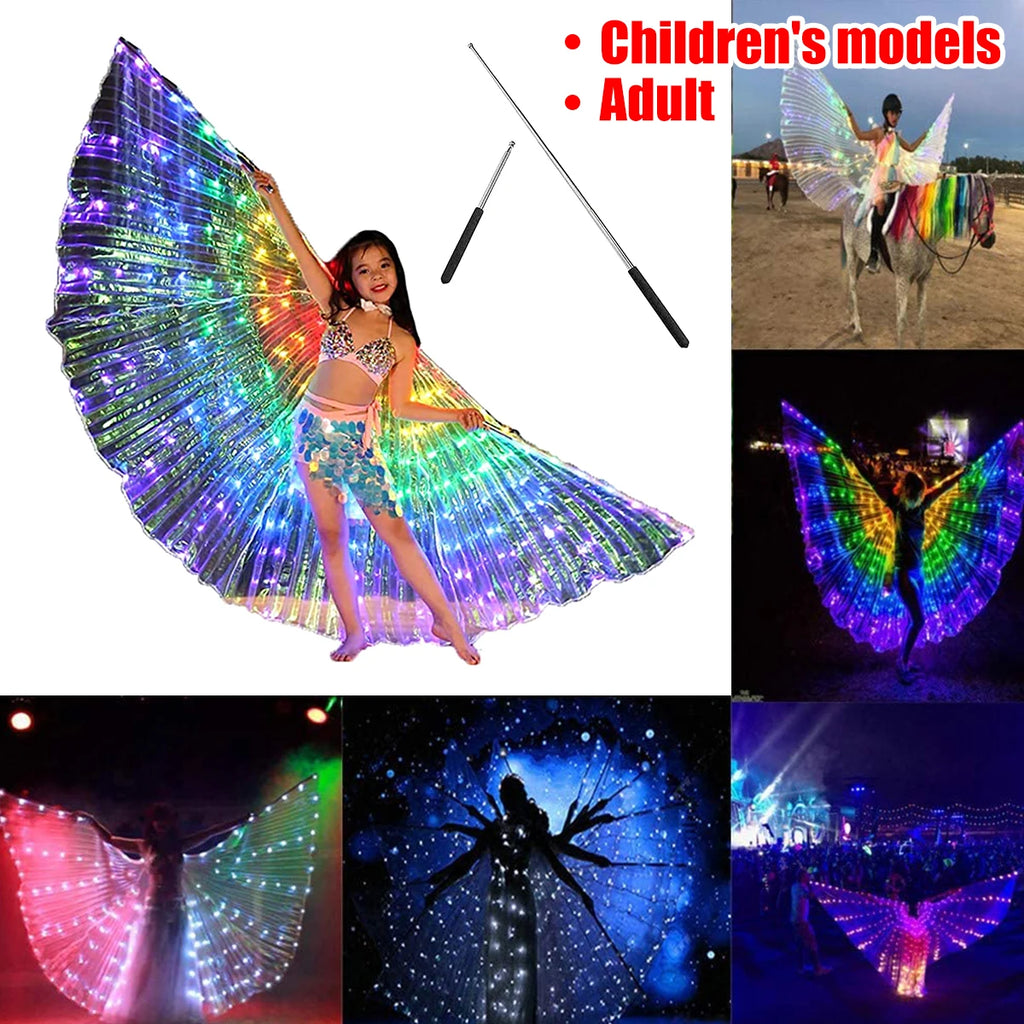 Children and adults wearing LED light up butterfly wings costumes in colorful outdoor and dance settings.