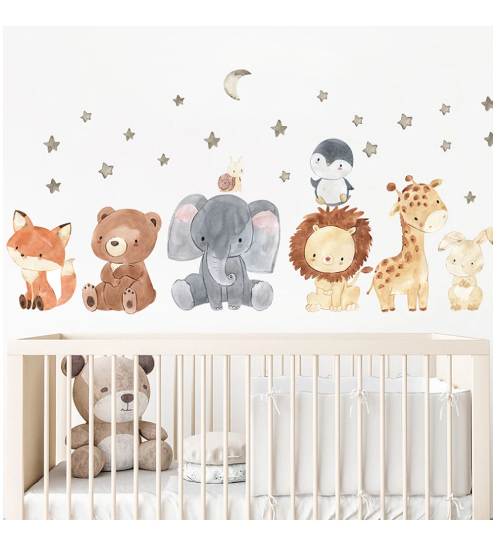 Watercolor Safari Animal Wall Decals – Cute Nursery Decor for Kids Rooms