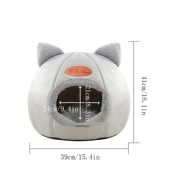 Plush Cat Shape Bed – Semi-Closed Warm Cave for Pet Sleeping